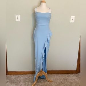 little blue windsor prom dress with leg slit and ruffles